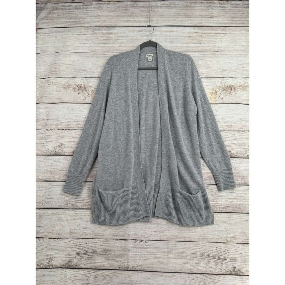 L.L. Bean Cardigan Women L Gray 100% Cashmere Open Front Pockets 503632
